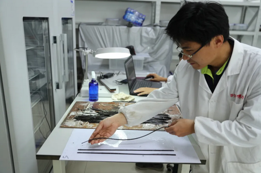 蒋鲁敬在清理揭取龙会河楚简。史少华 摄