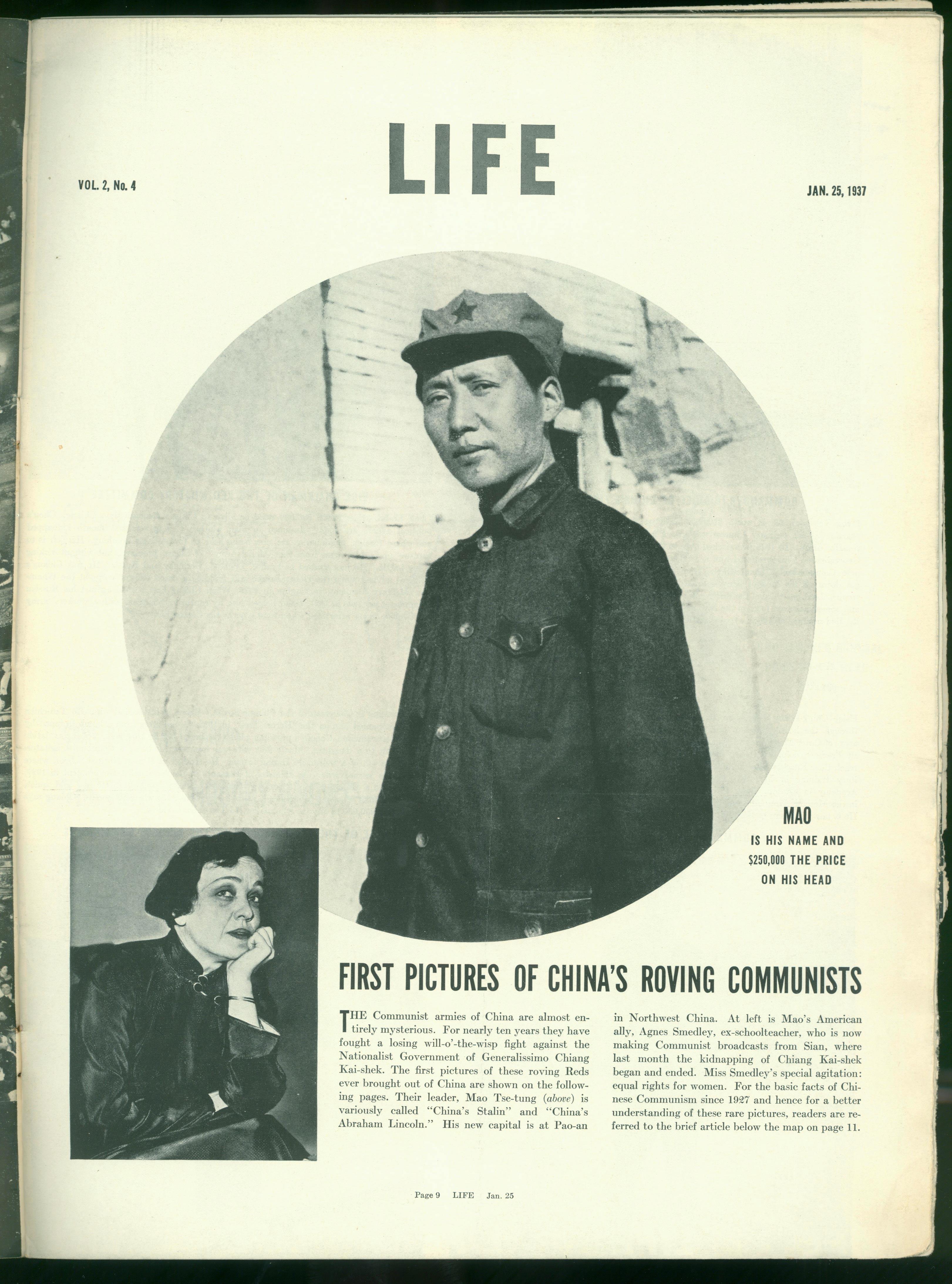 1937年1月25日,美国《生活》周刊刊登毛泽东照片,照片右下方写着一行字:“毛,这是他的名字,他的人头价值25万元。”